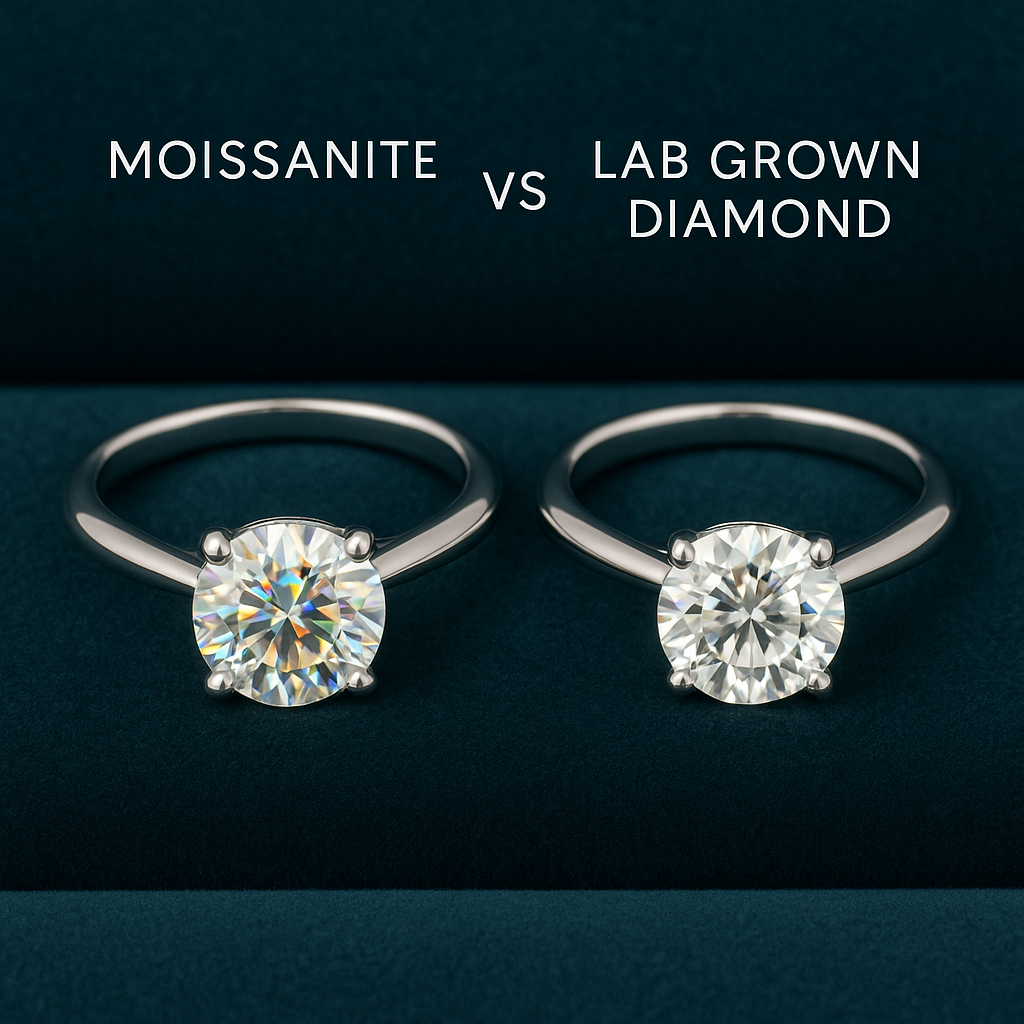 Moissanite vs Lab Grown Diamond side by side