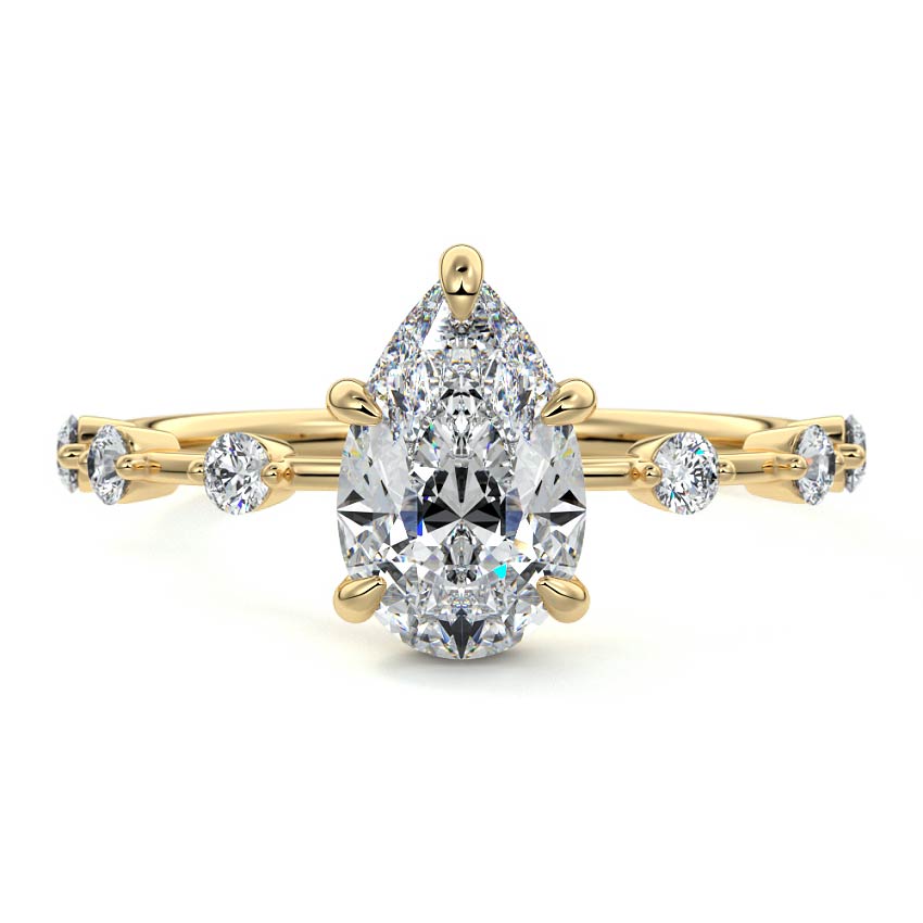 Close-up of Nura Michael Hill Rings Lab Pear Cut Unique Diamond Engagement Ring in 18K white gold with a pear-shaped lab-grown diamond
