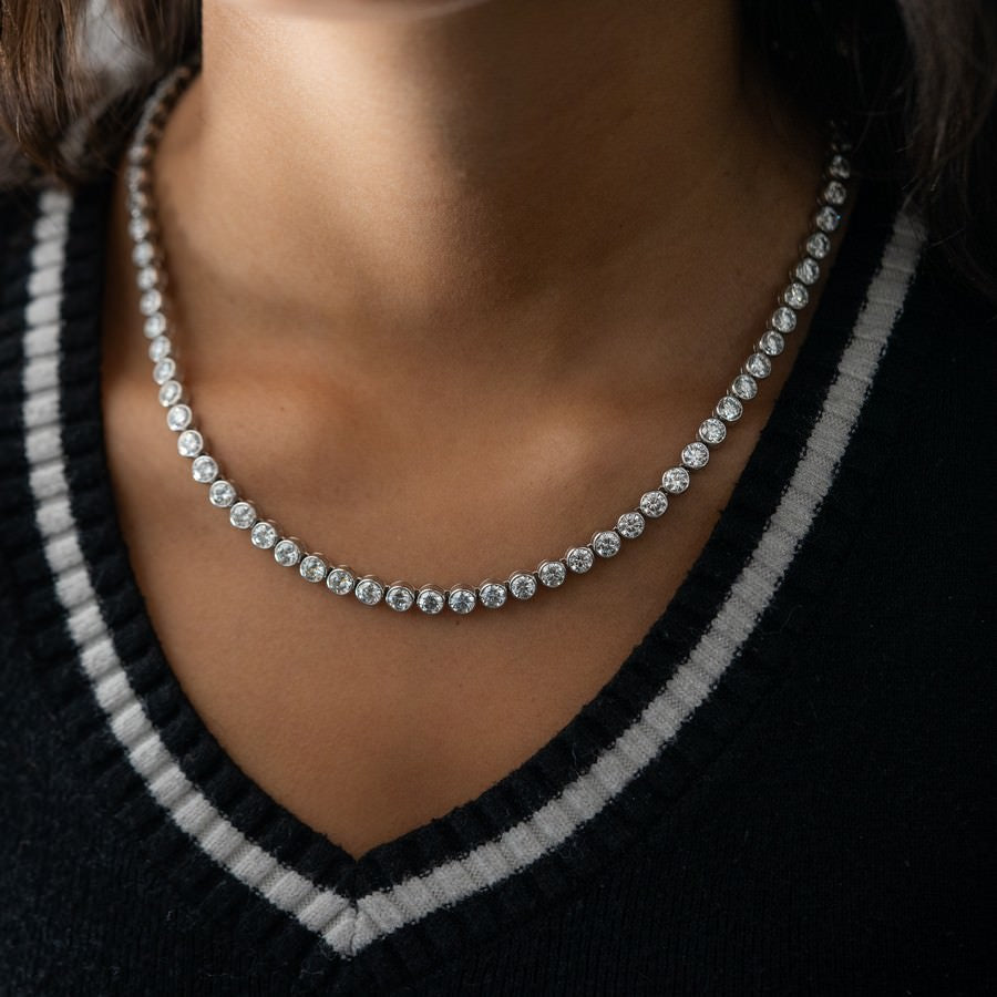 30 Carat Lab Diamond Bezel Tennis Necklace 14K Gold
