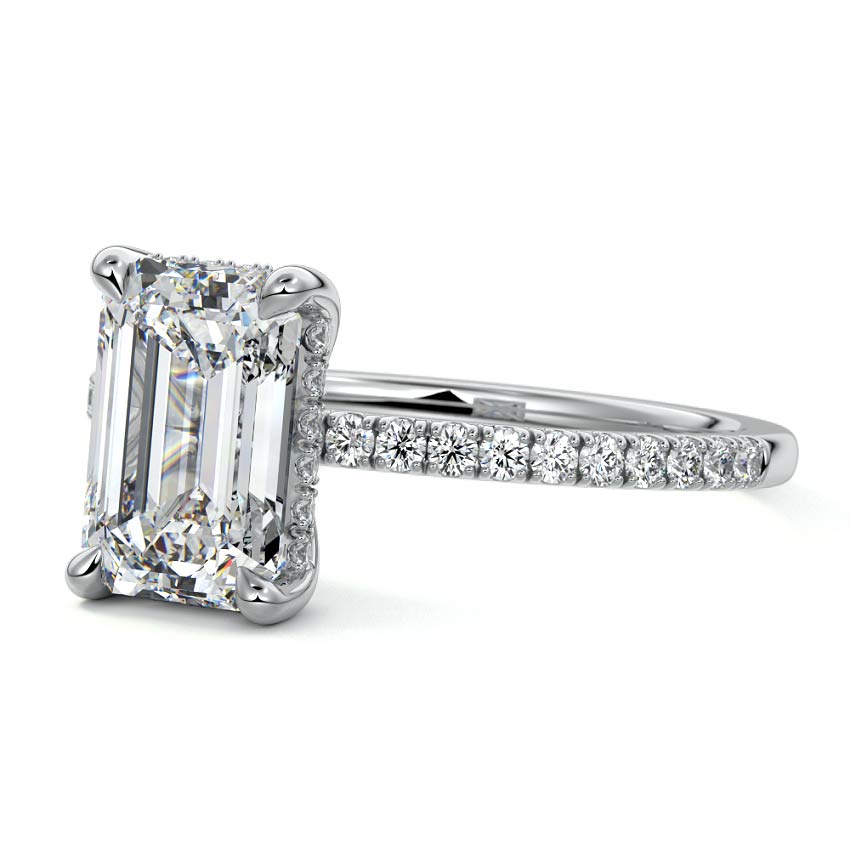 emerald cut pave side stones ring in white gold NZ
