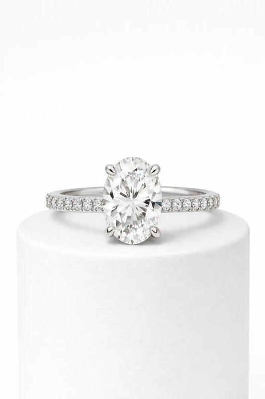 Oval engagement ring displayed for online engagement ring shopping in New Zealand