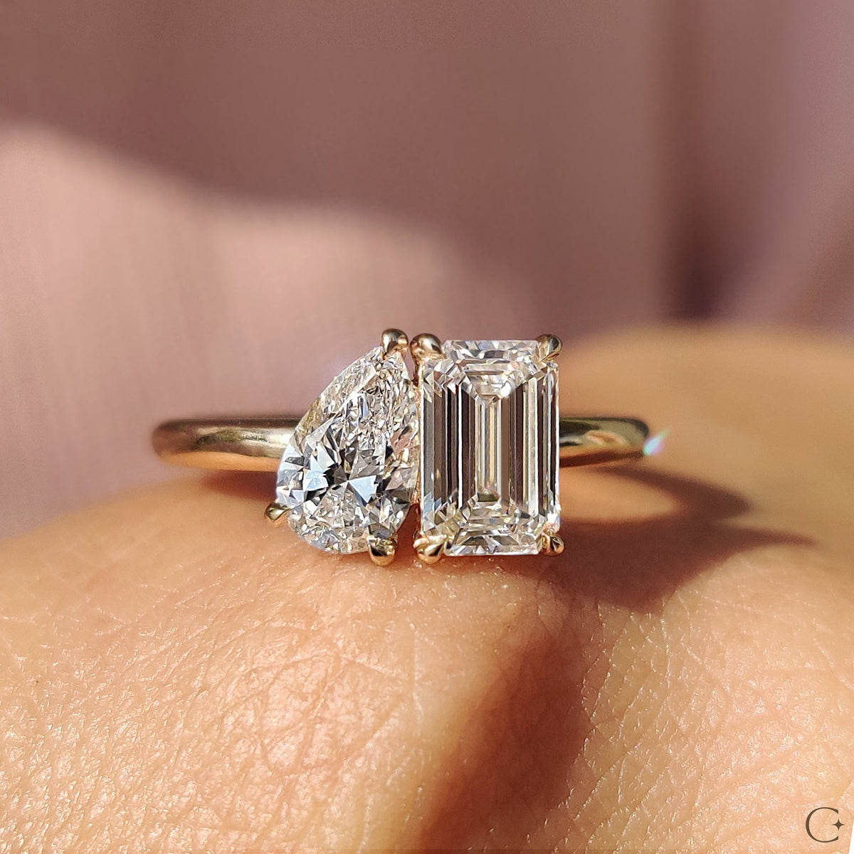 Violette Faye - Emerald And Pear Engagement Ring In Toi Et Moi Style