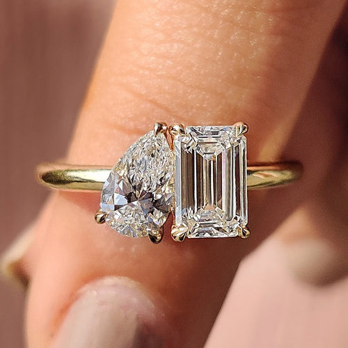 Violette Faye - Emerald And Pear Engagement Ring In Toi Et Moi Style