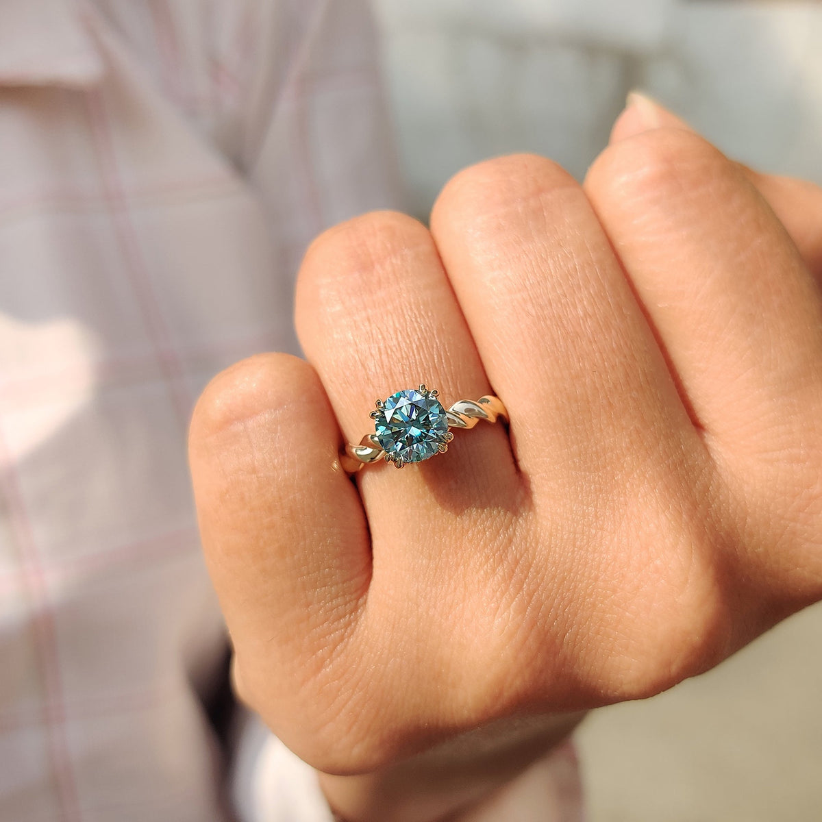 Genevieve Claire - Cyan Blue Round Cut Hidden Halo Ring With Twisted Rope Band