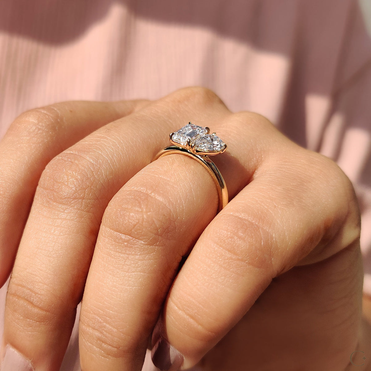 Violette Faye - Emerald And Pear Engagement Ring In Toi Et Moi Style