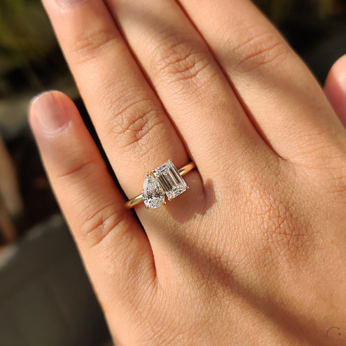 Violette Faye - Emerald And Pear Engagement Ring In Toi Et Moi Style