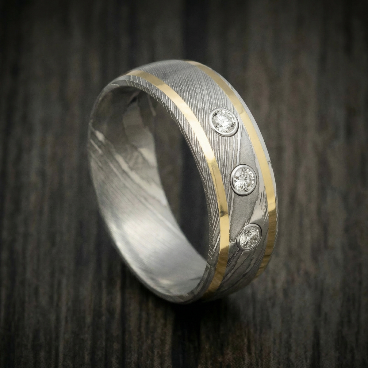 Voyager XI - Damascus Steel Wedding Ring with 14K Gold Inlays and Lab Diamonds - Nura Lab