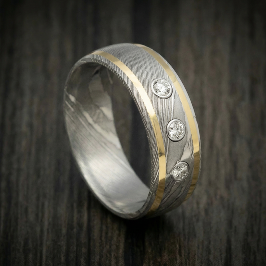 Voyager XI - Damascus Steel Wedding Ring with 14K Gold Inlays and Lab Diamonds - Nura Lab