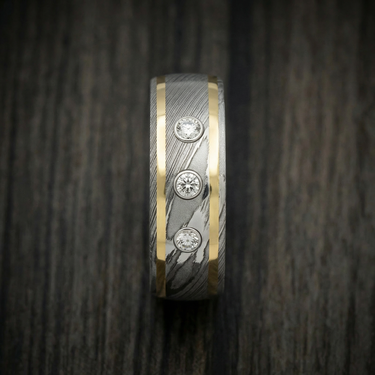 Voyager XI - Damascus Steel Wedding Ring with 14K Gold Inlays and Lab Diamonds - view 3 - Nura Lab