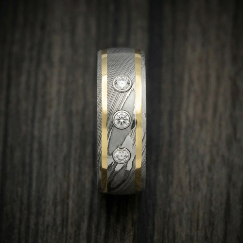 Voyager XI - Damascus Steel Wedding Ring with 14K Gold Inlays and Lab Diamonds - view 3 - Nura Lab