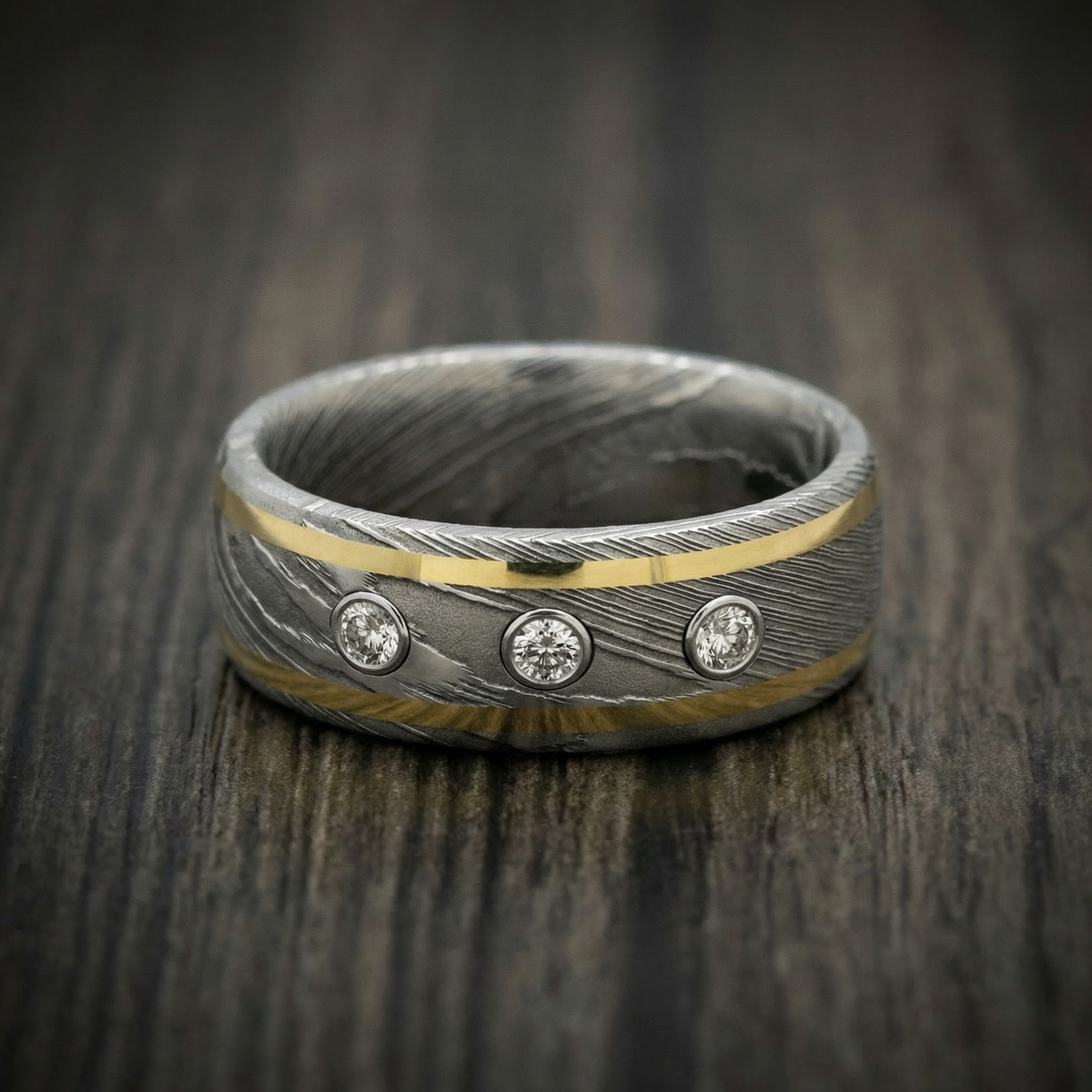Voyager XI - Damascus Steel Wedding Ring with 14K Gold Inlays and Lab Diamonds - view 2 - Nura Lab