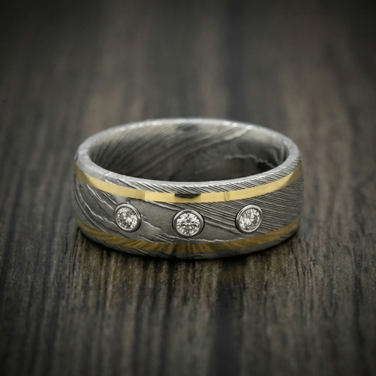 Voyager XI - Damascus Steel Wedding Ring with 14K Gold Inlays and Lab Diamonds - view 2 - Nura Lab