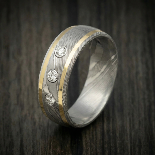 Voyager XI - Damascus Steel Wedding Ring with 14K Gold Inlays and Lab Diamonds - view 4 - Nura Lab
