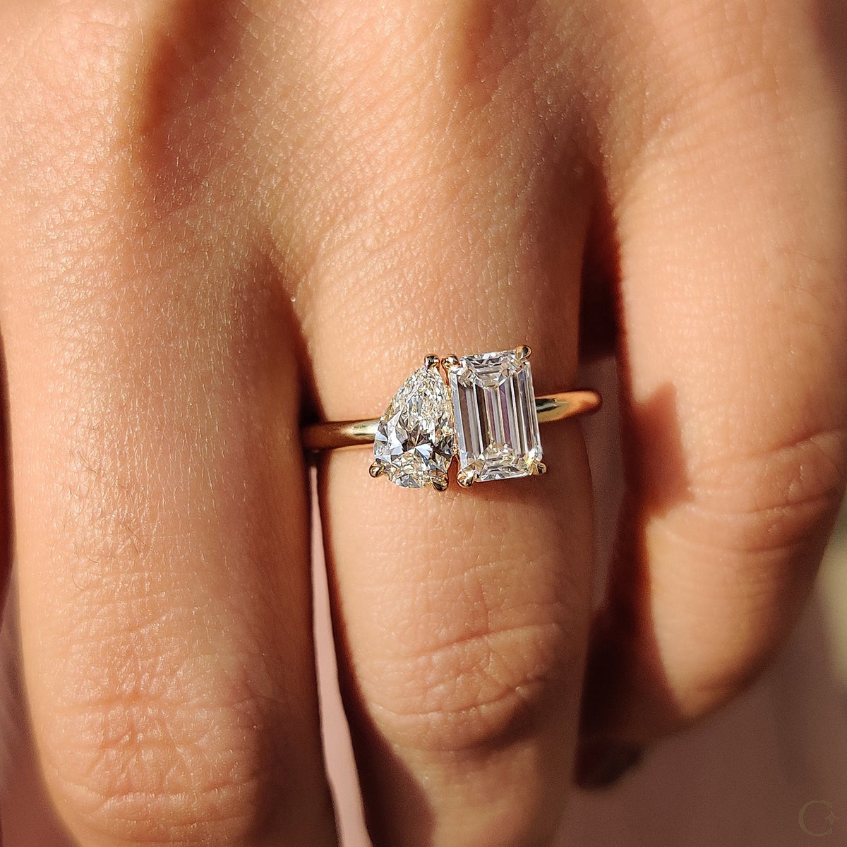 Violette Faye - Emerald And Pear Engagement Ring In Toi Et Moi Style