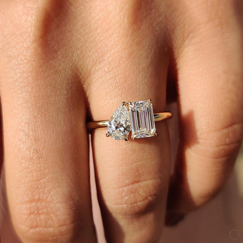 Violette Faye - Emerald And Pear Engagement Ring In Toi Et Moi Style
