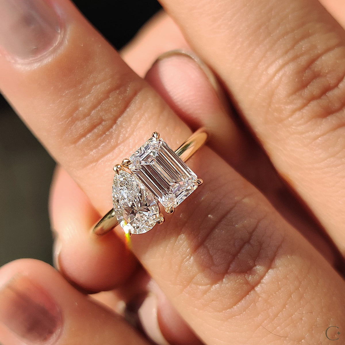 Violette Faye - Emerald And Pear Engagement Ring In Toi Et Moi Style