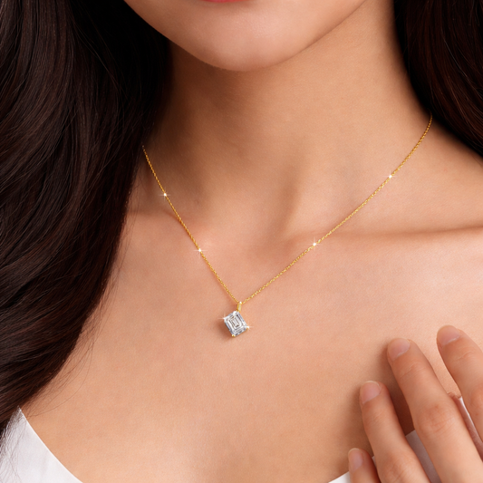 Emerald cut moissanite pendant layered necklace styling