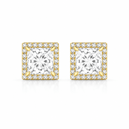 Olite - Princess Shape Halo Stud Earrings 14K Yellow Gold 2 CTW