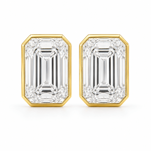 Clare - Emerald Cut Bezel Stud Moissanite Earrings 14K Yellow Gold.