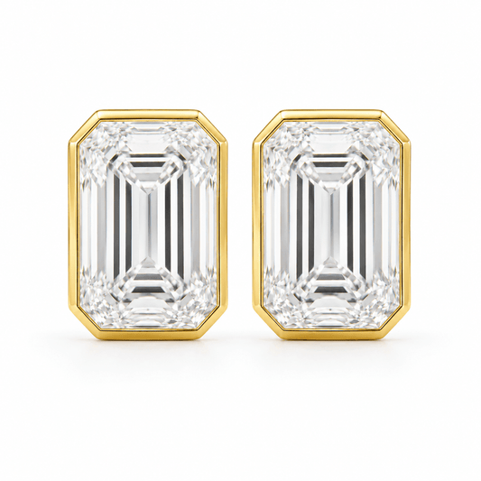 Clare - Emerald Cut Bezel Stud Moissanite Earrings 14K Yellow Gold.