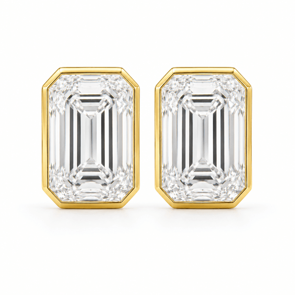 Clare - Emerald Cut Bezel Stud Moissanite Earrings 14K Yellow Gold