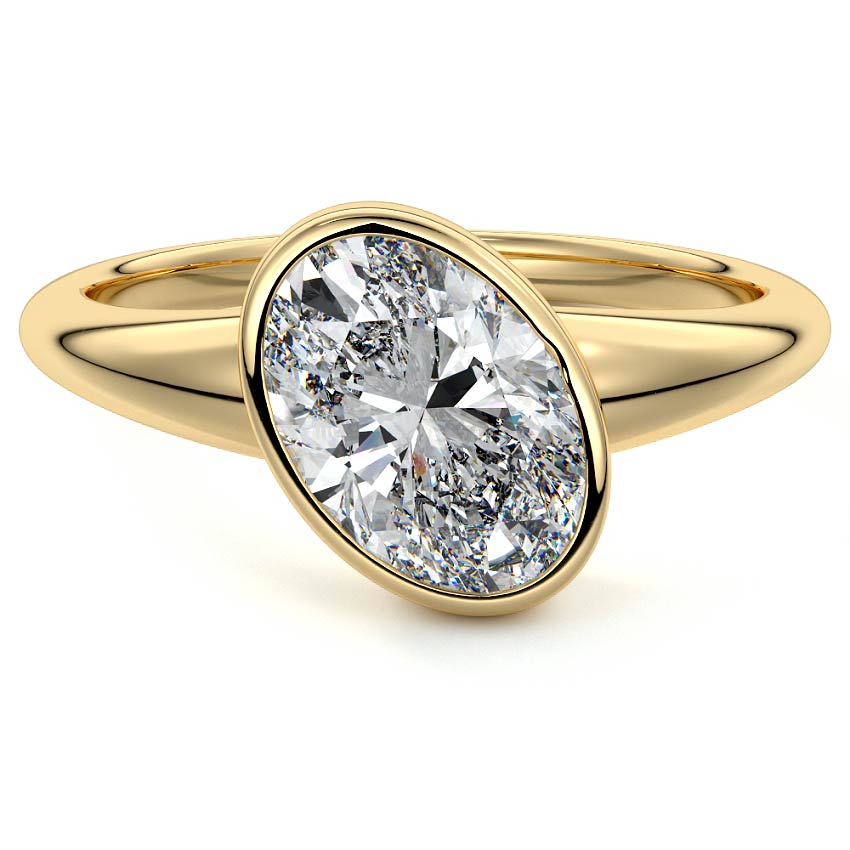 Unique oval cut bezel engagement ring in gold with moissanite or lab grown diamond made in New Zealand by Nura Lab