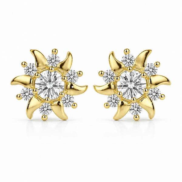 Floral - Moissanite Cluster Stud Earrings 14K Yellow Gold