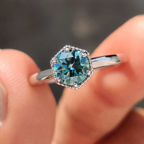 Florence Anne - Solitaire Round Engagement Ring In Hexagon Framed