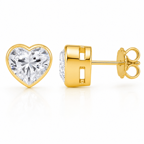 Clau - 2ctw Heart Shape Bezel Stud Moissanite Earrings 14K Yellow Gold.