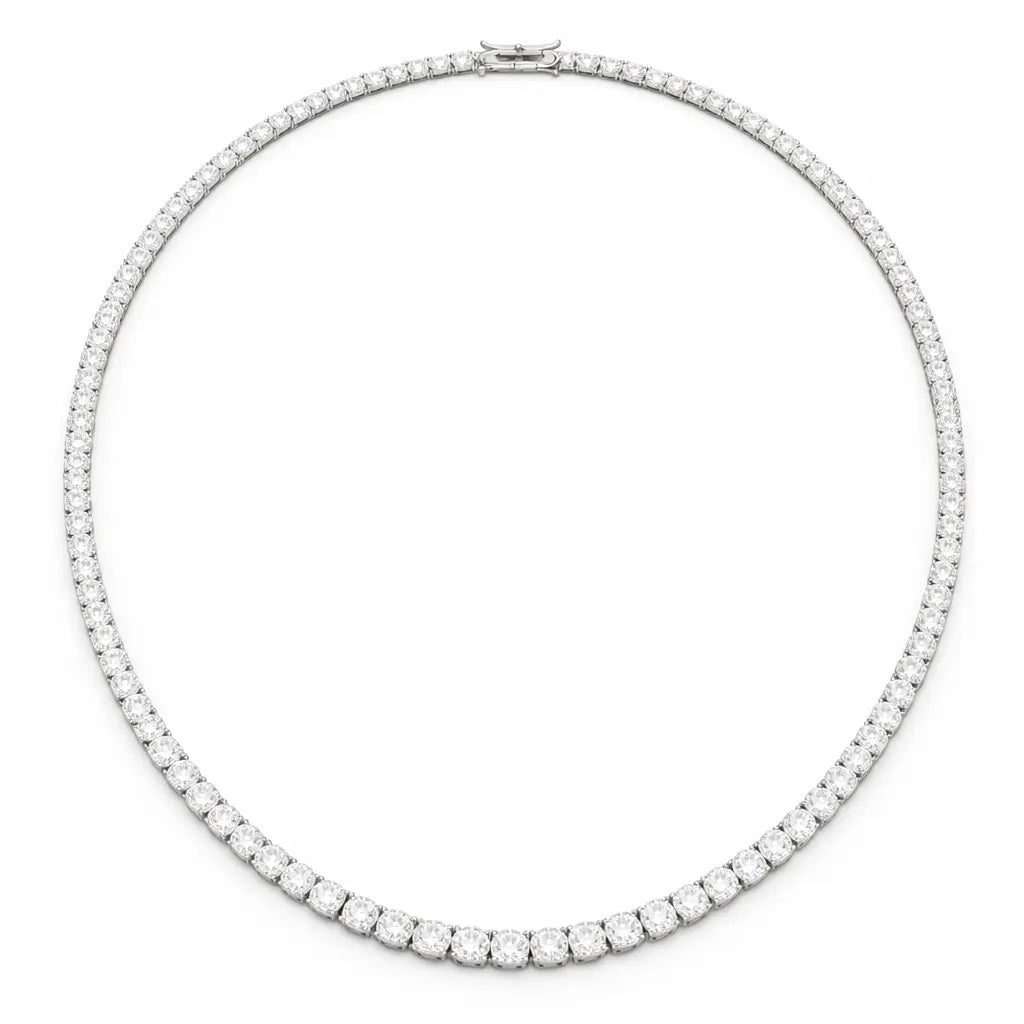 14 carat lab grown moissanite tennis necklace with round cut stones in silver 925, luxury statement necklace