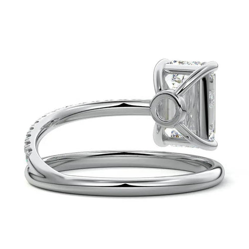 Emerald cut spiral diamond engagement ring in platinum with lab-grown center stone