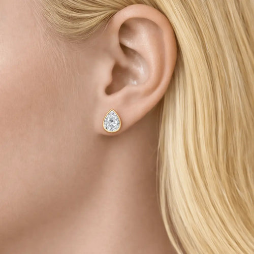 Lucy - Bezel Pear Shape Moissanite Earrings 14K Yellow Gold Nura Lab