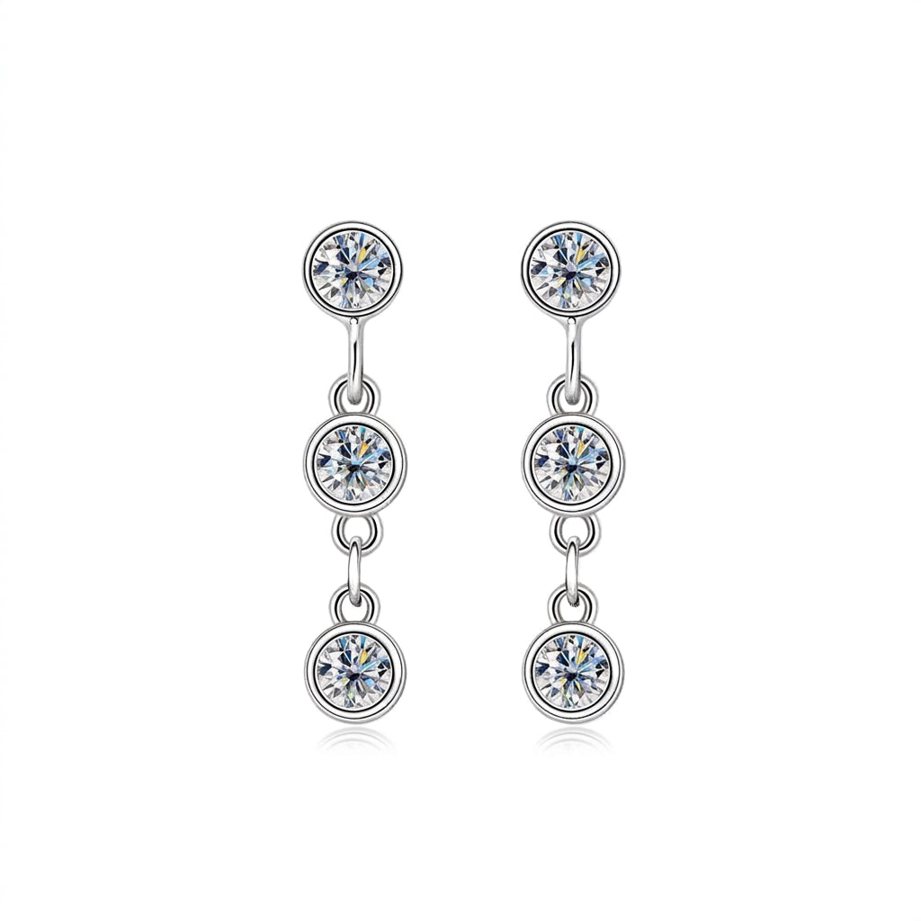 Celestia Drop Moissanite Earrings by Nura Lab in platinum plating over S925 sterling silver