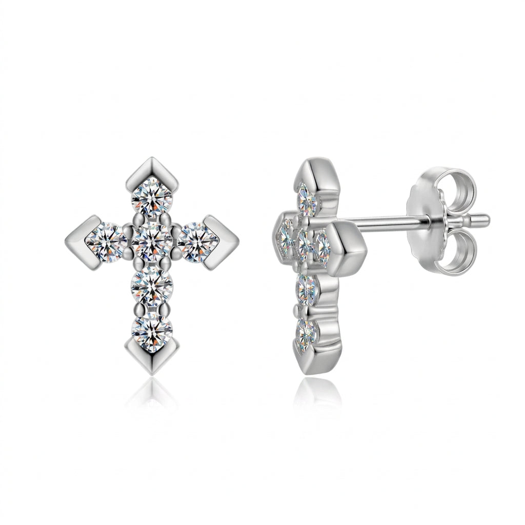 Abigail Cross Pointed Moissanite Stud Earrings by Nura Lab in platinum plating over S925 sterling silver