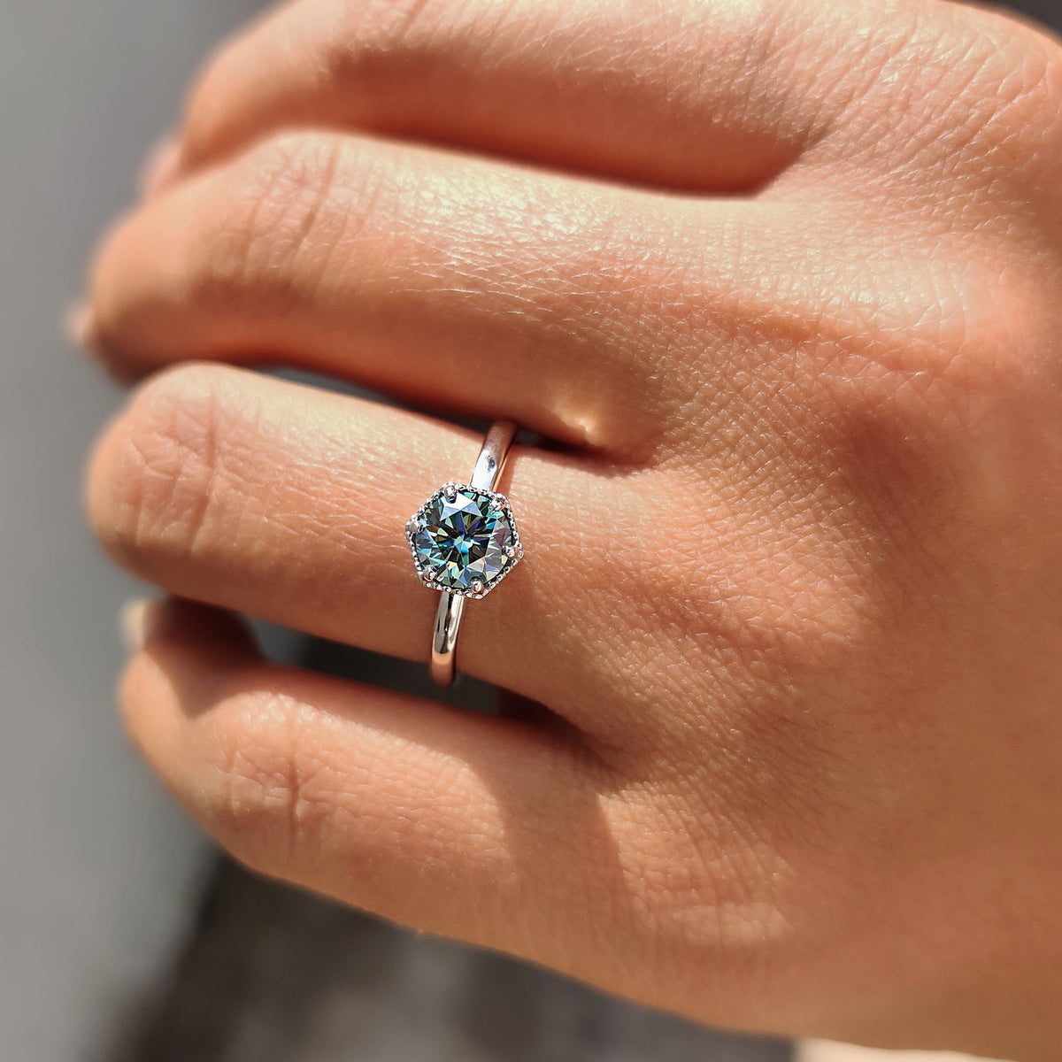 Florence Anne - Solitaire Round Engagement Ring In Hexagon Framed