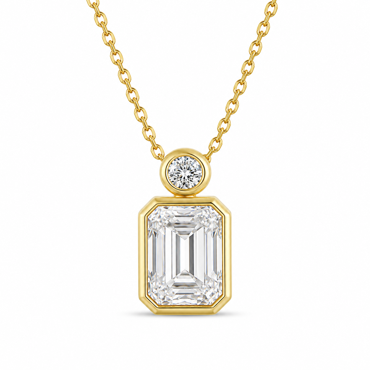 Dane - Emerald Cut Bezel Pendant 14K Gold with 18K Gold Necklace.
