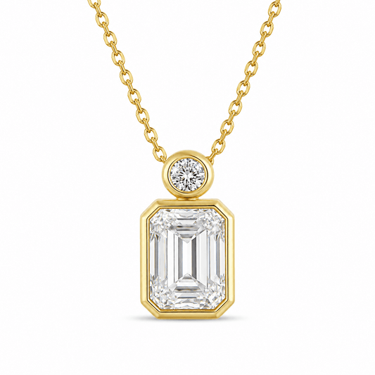 Dane - Emerald Cut Bezel Pendant 14K Gold with 18K Gold Necklace.