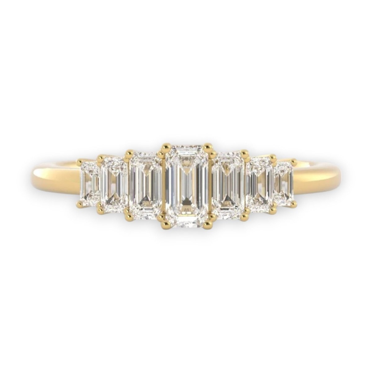 Seven stone emerald cut diamond ring band in yellow gold or platinum, fine jewellery by Nura Lab