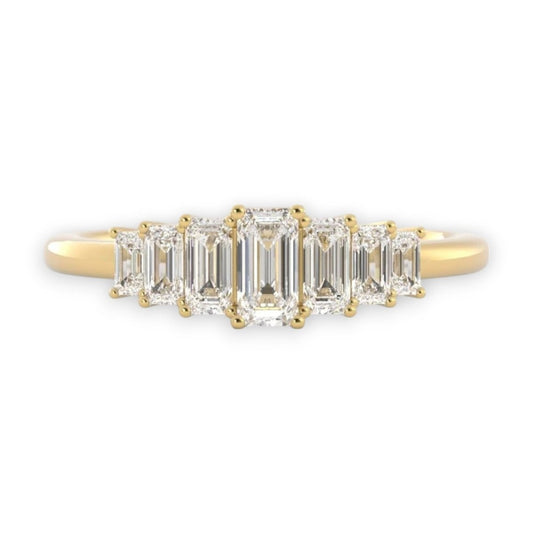 Seven stone emerald cut diamond ring band in yellow gold or platinum, fine jewellery by Nura Lab