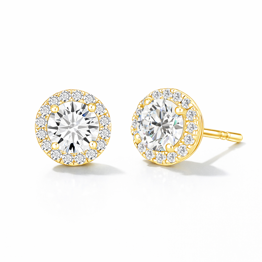 Halo lab-grown round moissanite stud earrings in 14K yellow gold