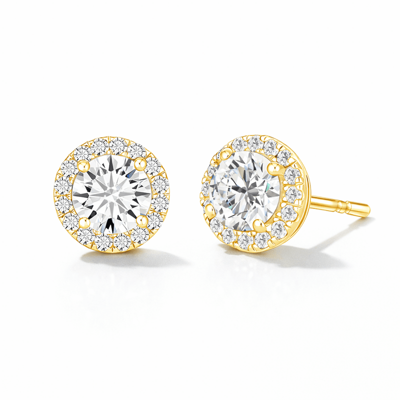 Halo lab-grown round moissanite stud earrings in 14K yellow gold