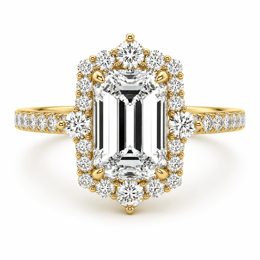 Ellie - Emerald Cut Halo Lab Diamond Unique Engagement Ring