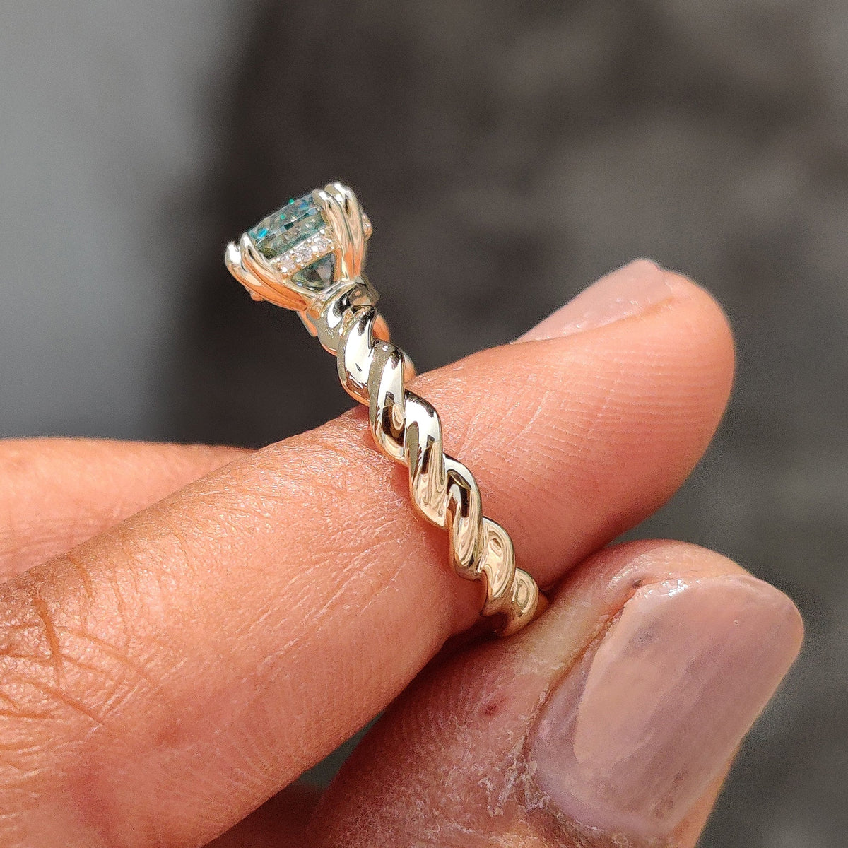 Genevieve Claire - Cyan Blue Round Cut Hidden Halo Ring With Twisted Rope Band