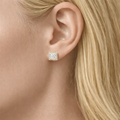 Olite - Princess Shape Halo Stud Earrings 14K Yellow Gold 2 CTW Nura Lab