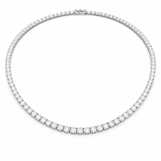 30 carat lab grown moissanite tennis necklace with round cut stones in silver 925, bold luxury statement necklace