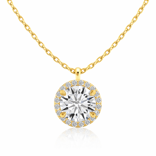 14K yellow gold halo moissanite pendant with lab-grown centre stone, 0.5ct–2ct options, Nura Lab Jewellery