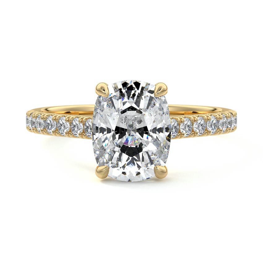 Cushion cut pave engagement ring in yellow gold with moissanite or lab-grown diamond, handcrafted in New Zealand
