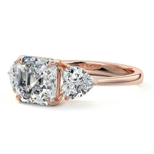 Lana - Asscher Three Stone with Heart Side Diamonds Engagement Ring Raphana Jewellery