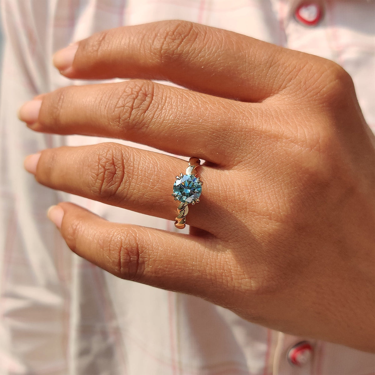 Genevieve Claire - Cyan Blue Round Cut Hidden Halo Ring With Twisted Rope Band