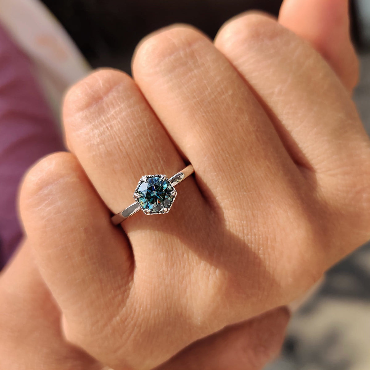 Florence Anne - Solitaire Round Engagement Ring In Hexagon Framed